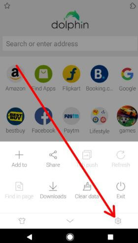 Tap on settings gear icon on Dolphin browser app