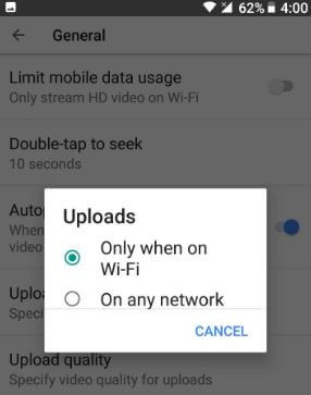 Change upload network preferences in YouTube app