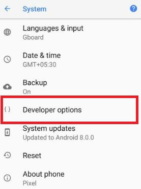 Developer option under Android Oreo system settings