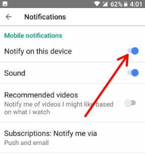 Disable YouTube app notifications in android devices