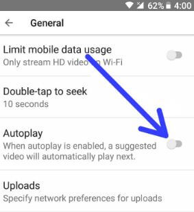 Disable YouTube autoplay video in android phone