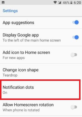 Disable notification dots from home screen settings on Android Oreo