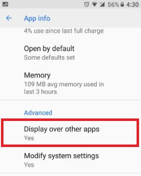 Display over other apps settings in android Oreo