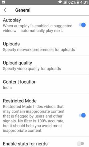 Enable restricted mode in YouTube app android device