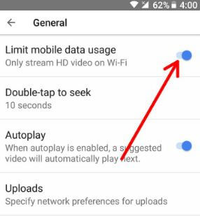 Limit mobile data usage in YouTube app