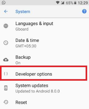 Tap on developer options in android Oreo 8.0