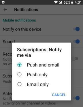 YouTube subscriptions notify via push and email