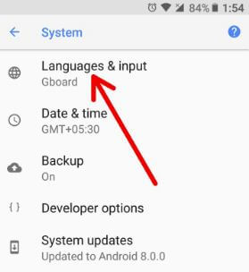 Android Oreo language and input settings under system