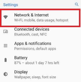 Network & Internet settings in android 8.0 Oreo