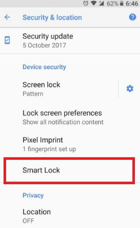 Smart lock under device security in Android Oreo