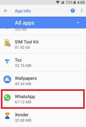 Tap WhatsApp under list of all apps in Oreo
