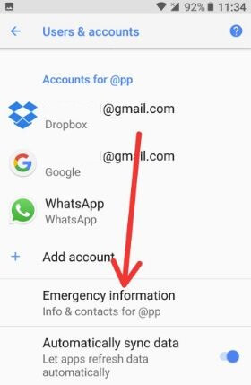 Tap emergency information in android 8.0 Oreo