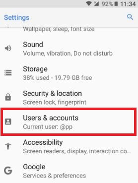 Tap user and account settings in Oreo