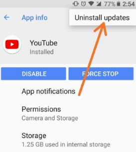 Uninstall YouTube app to fix PIP not working on YouTube in Oreo