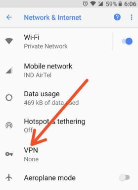VPN settings in android Oreo under Network & internet