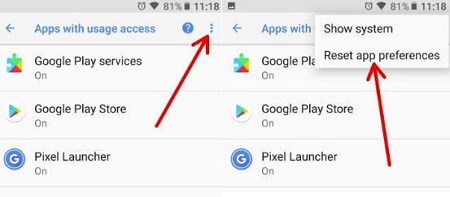Reset app preferences on android Oreo device