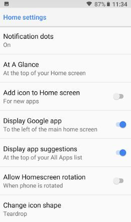 Android 8.1 Home screen settings