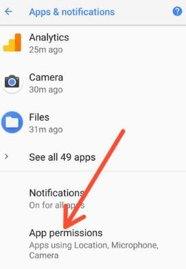 App permissions under apps & notifications settings Oreo