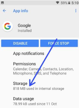Tap storage in Google App settings