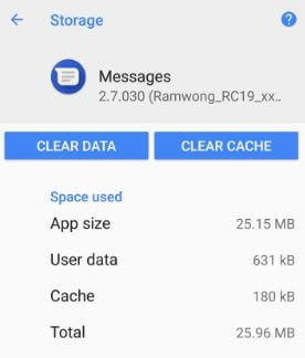 Clear the cache & data in Pixel 2 messaging app