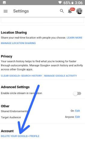 How to delete Google Plus profile from android Oreo