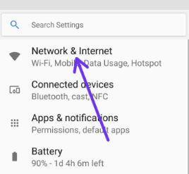 Network & internet settings in Oreo device