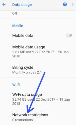 Network restrictions under data usage settings in Oreo