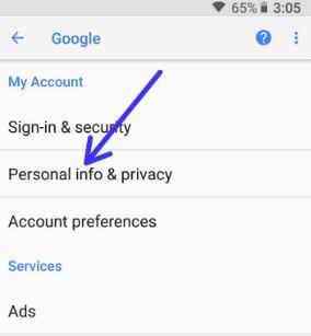 Personal info and privacy settings in Oreo
