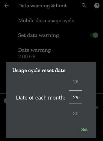 Set Mobile Data Usage Cycle on Google Pixel 2 XL