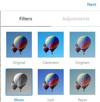 Tap on Next in your laptop to filter Instagram photos