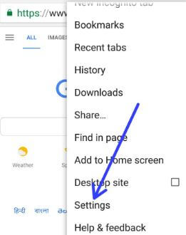 Tap on settings in Google chrome browser