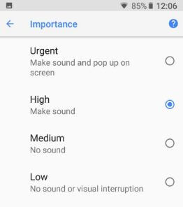 Change message app notification importance in galaxy S9