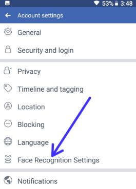 Face recognition settings in Facebook app