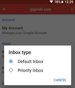How to change inbox type in Gmail for android phone