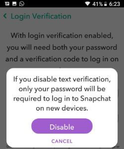 Disable Snapchat login verification android