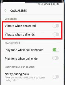 How to disable vibrate on call answered in Galaxy S9 and S9 plus