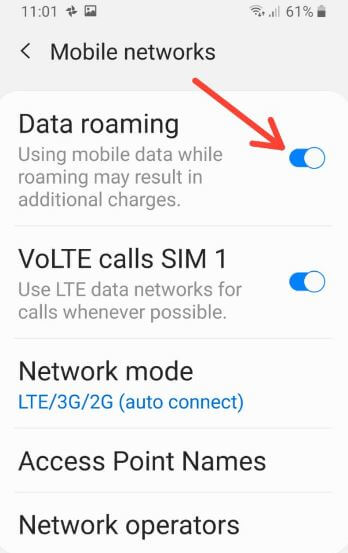 Turn on roaming mode on Samsung galaxy S9 One UI 2.0