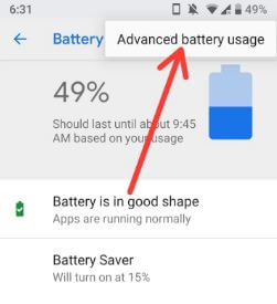 Advanced Battery usage settings in Android P