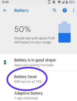 Android P battery saver mode