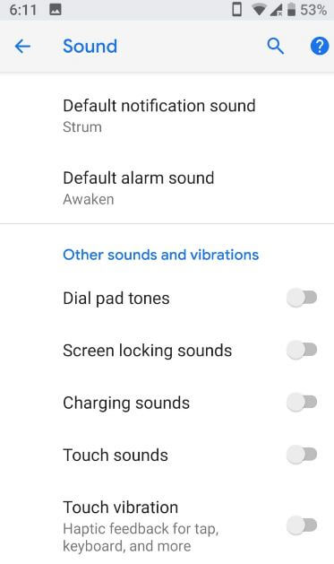 Android P sounds and vibration settings