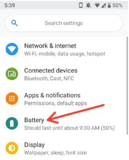 Battery settings in android P