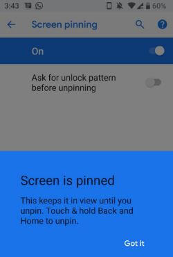 Enable screen pinning in android P 9.0