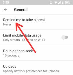 Reminde me to take a break feature YouTube android