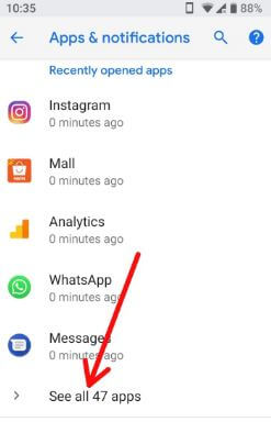 See all apps in your android P apps & notification settings