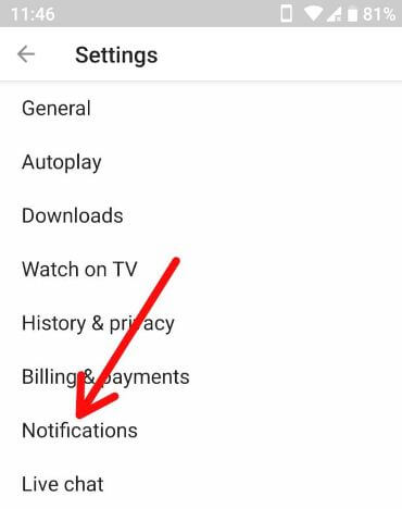 YouTube App notifications settings android smartphone