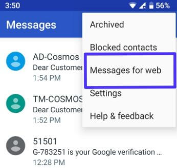 Android messages for Web