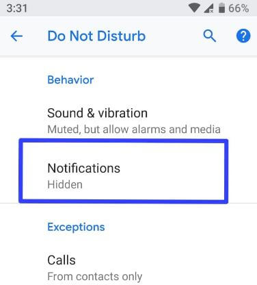 Hide most notifications in Do not disturb mode android 9.0