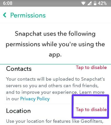 How to disable location permission on Snap map android device