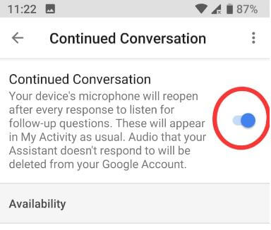 How to enable continue conversations for Google assistant in android