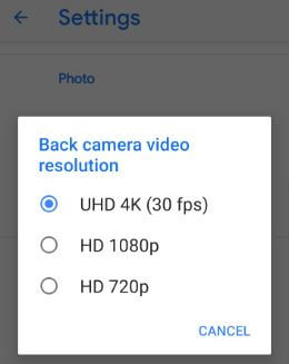 Camera video resolutions on Pixel 3